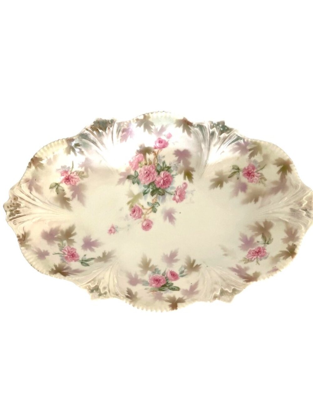 Antique RS Prussia Red Mark Celery Dish Pink Rose Floral Leaf  Bowl Germany